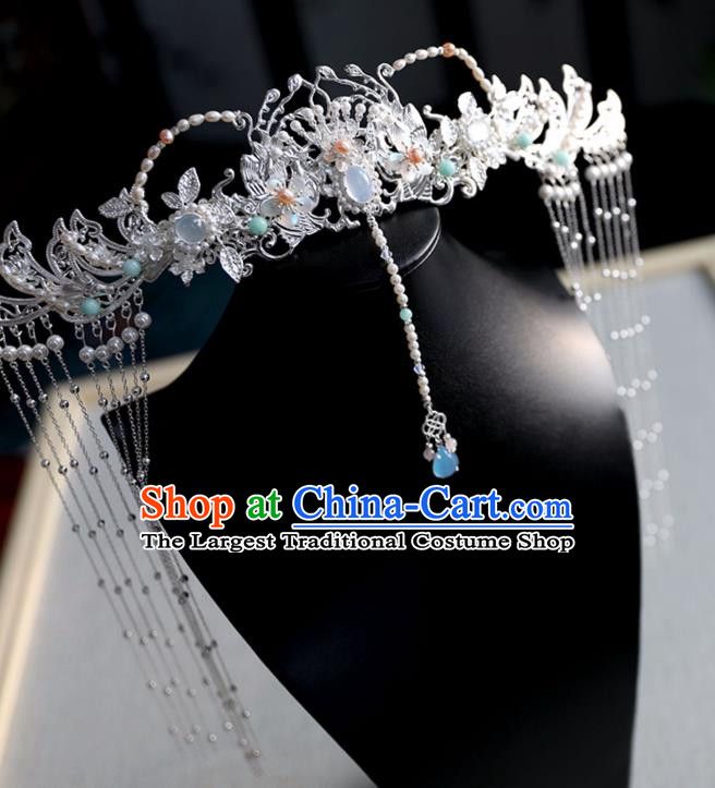 Chinese Ancient Pearls Phoenix Coronet Wedding Jewelry Headwear Hair Accessories Hanfu Tassel Hairpins for Women