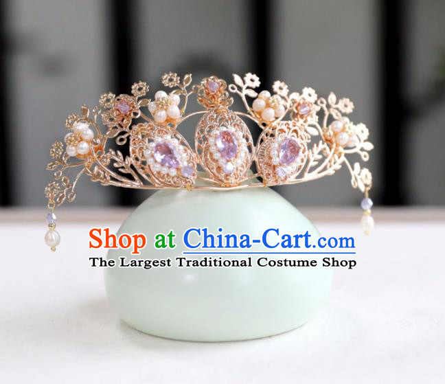 Chinese Ancient Purple Crystal Hair Crown Headwear Women Hair Accessories Ming Dynasty Pearls Hairpin Hair Comb