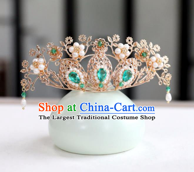 Chinese Ancient Green Crystal Hair Crown Headwear Women Hair Accessories Ming Dynasty Pearls Hairpin Hair Comb