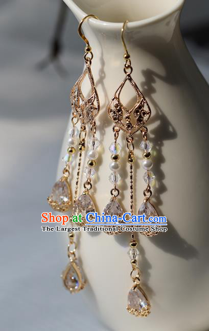 Chinese Ancient Hanfu Zircon Earrings Women Jewelry Golden Tassel Ear Accessories