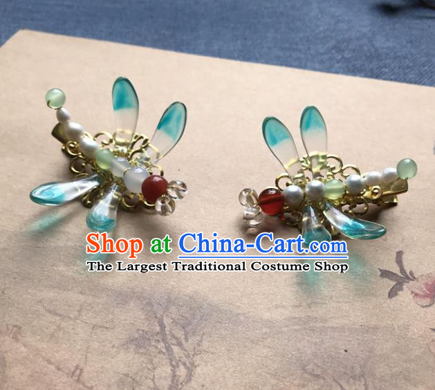 Chinese Ancient Women Blue Dragonfly Hair Claws Handmade Hairpin Headwear Hanfu Hair Accessories Pearls Hair Stick