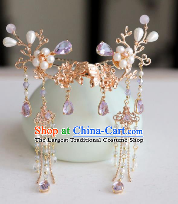 Chinese Ancient Purple Crystal Butterfly Hair Clips Headwear Women Hair Accessories Ming Dynasty Pearls Golden Tassel Hairpin