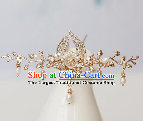 Chinese Ancient Golden Hairpin Headwear Women Hair Accessories Pearls Tassel Hair Clip