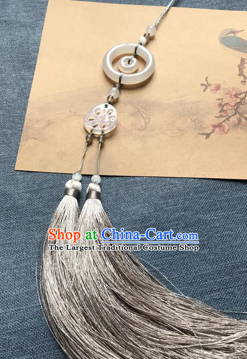 Chinese Ancient Hanfu Carving Lotus Root Jade Grey Tassel Pendant Jade Lappet Jewelry Brooch Accessories