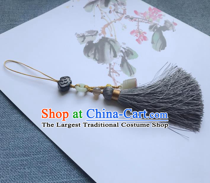 Chinese Ancient Hanfu Grey Tassel Pendant Jade Seal Cloud Lappet Jewelry Brooch Accessories