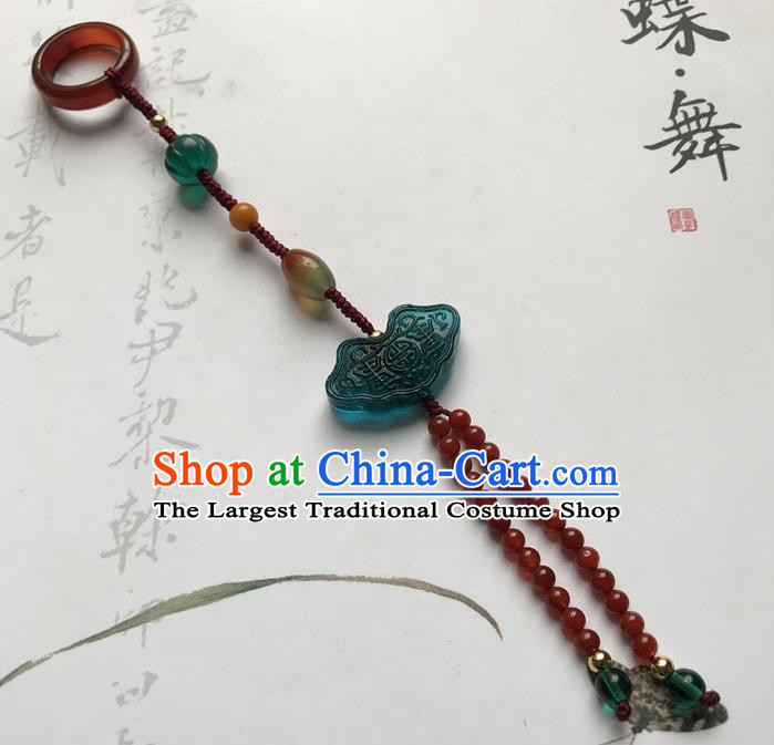 Chinese Ancient Hanfu Red Beads Tassel Pendant Lappet Brooch Jewelry Green Coloured Glaze Accessories