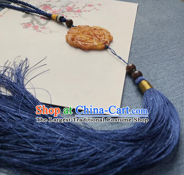 Chinese Ancient Hanfu Royalblue Tassel Pendant Yellow Jade Carving Brooch Jewelry Accessories Lappet