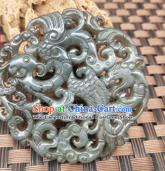 Chinese Handmade Jade Label Craft Hetian Jade Carving Dragon Phoenix Necklace Accessories Pendant