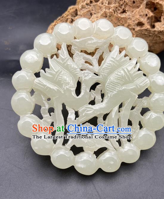 Chinese Ancient Carving Double Cranes Jade Necklace Accessories Hetian Jade Pendant Jade Label Craft