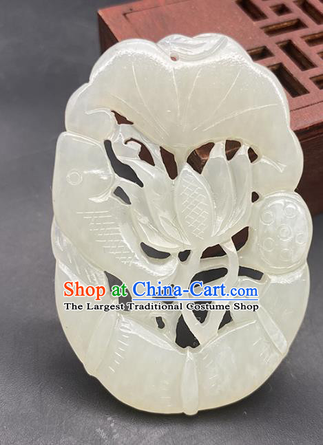 Chinese Ancient Carving Fish Lotus Jade Necklace Accessories Jade Label Craft Hetian Jade Pendant