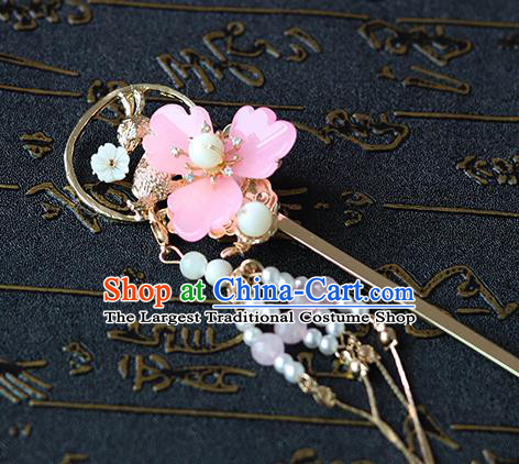 Chinese Ancient Hanfu Pink Flower Hair Accessories Women Hairpin Headwear Tassel Hair Clip