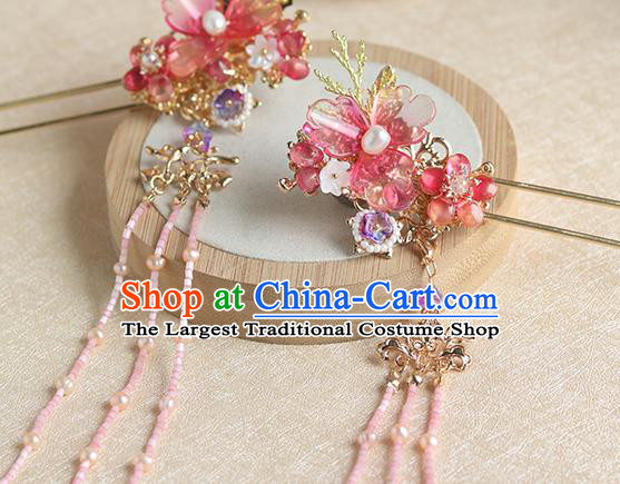 Chinese Ancient Hanfu Red Flowers Hair Accessories Women Hairpin Headwear Pink Beads Tassel Hair Clip