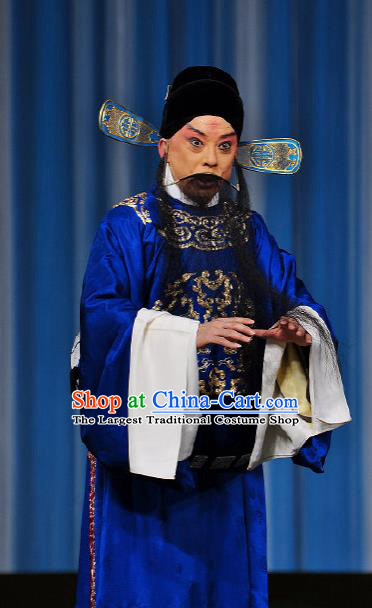 Chinese Peking Opera Old Men Apparel Costumes The Huarong Path Minister Lu Su Garment Blue Gown and Hat
