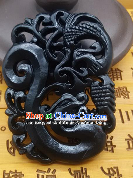 Chinese Handmade Carving Dragon Phoenix Jade Label Belt Accessories Handgrip Craft Handmade Black Jade Waist Pendant