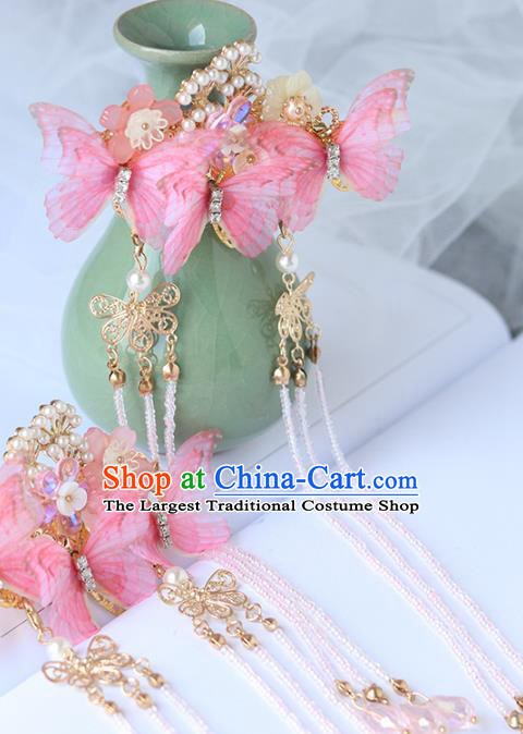 Chinese Ancient Hanfu Pink Silk Butterfly Hair Claws Hair Accessories Women Headwear Tassel Hair Stick Hairpins