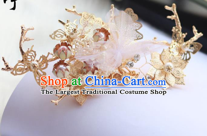 Chinese Ancient Hanfu Golden Hair Crown Hair Accessories Women Headwear Silk Flower Hairpin