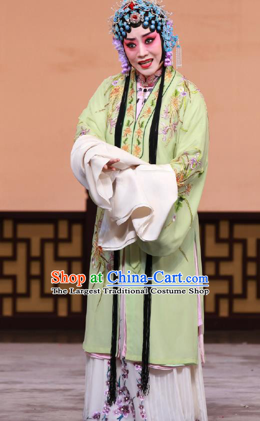 Traditional Chinese Peking Opera Young Lady Green Cape Dress Apparel The Dream in Lady Chamber Diva Costumes Garment and Headwear