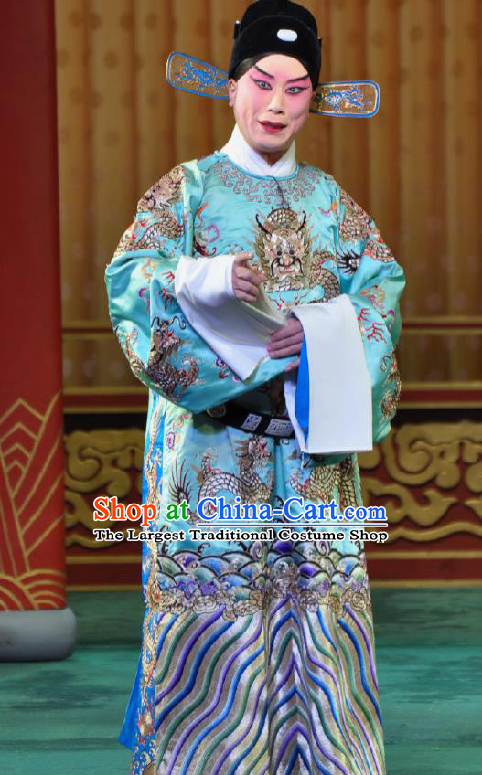 Chinese Beijing Opera Young Men Costumes Garment Peking Opera Return of the Phoenix Apparels Crown Prince Dragon Robe and Hat