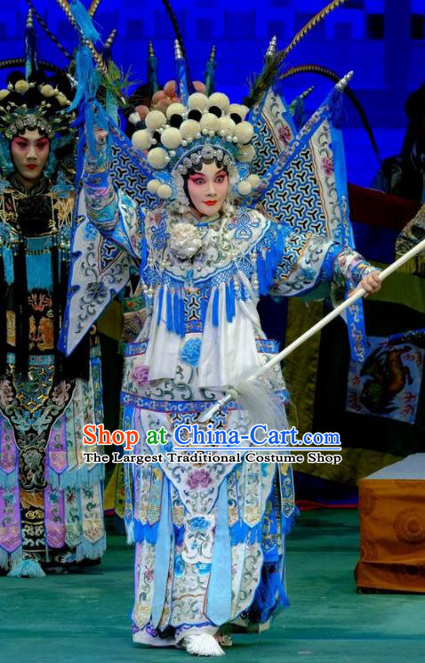 Chinese Traditional Peking Opera Garment Costumes Yangmen Female General General Kao Armor Suit with Flags Apparels and Headwear