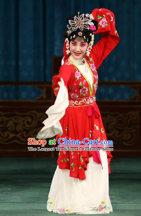 Traditional Chinese Peking Opera Matchmaker Apparels Hong Niang Costumes Young Actress Red Dress Garment and Headpieces