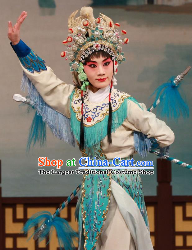 Traditional Chinese Peking Opera Wudan Apparels Garment The Fire Fenix Martial Female Green Dress Costumes and Headdress