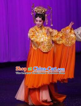 Chinese Kun Opera Young Female Apparels Costumes The Fragrant Companion Peking Opera Hua Tan Garment Golden Dress and Headdress