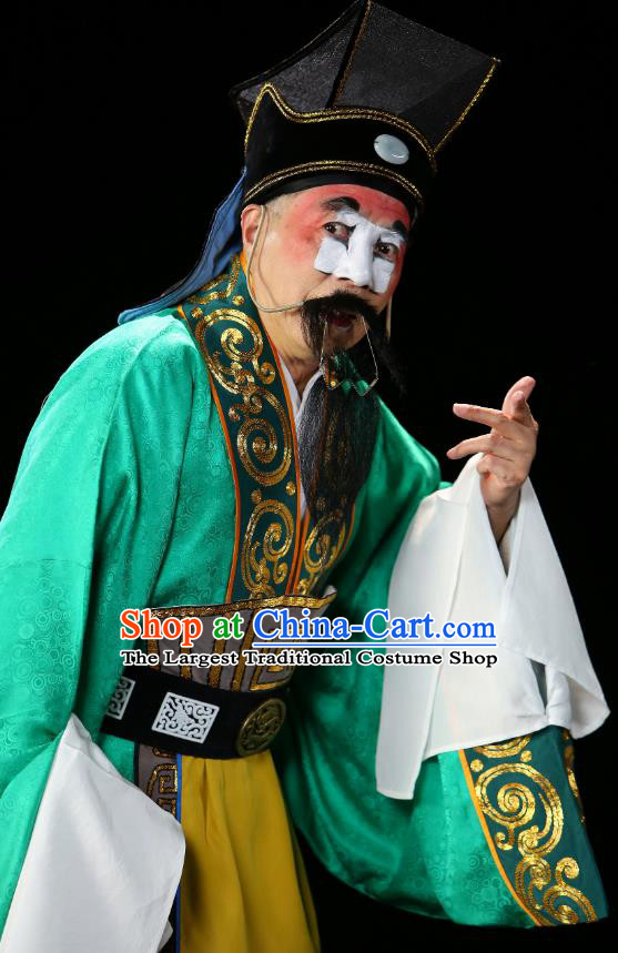 Chinese Historical Beijing Opera Chou Role Costumes Cao Cao And Yang Xiu Apparels Clown Green Garment and Hat