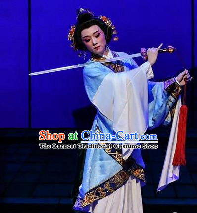 Chinese Beijing Opera Noble Female Blue Hanfu Dress Costumes Cao Cao And Yang Xiu Peking Opera Hua Tan Garment and Hair Accessories