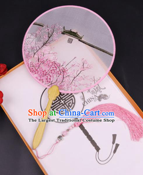 Chinese Traditional Embroidered Peach Blossom Palace Fans Handmade Classical Dance Ebony Round Fan for Women