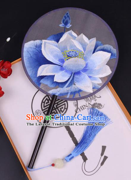 Chinese Traditional Embroidered Lotus Palace Fans Handmade Classical Dance Ebony Round Fan for Women