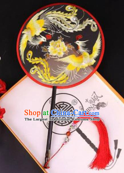 Chinese Traditional Embroidered Phoenix Peony Palace Fans Handmade Classical Dance Ebony Round Fan for Women