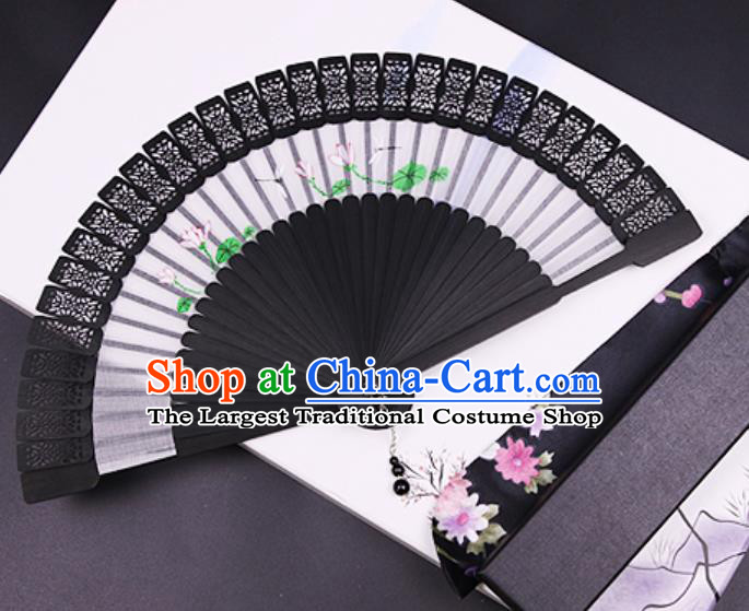 Chinese Traditional Painting Lotus Black Bamboo Fans Handmade Accordion Classical Dance Folding Fan