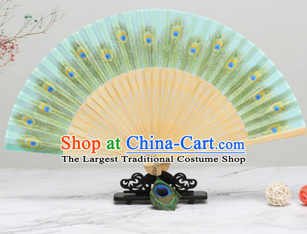 Chinese Traditional Printing Peacock Feather Light Green Silk Fan Classical Dance Accordion Fans Folding Fan