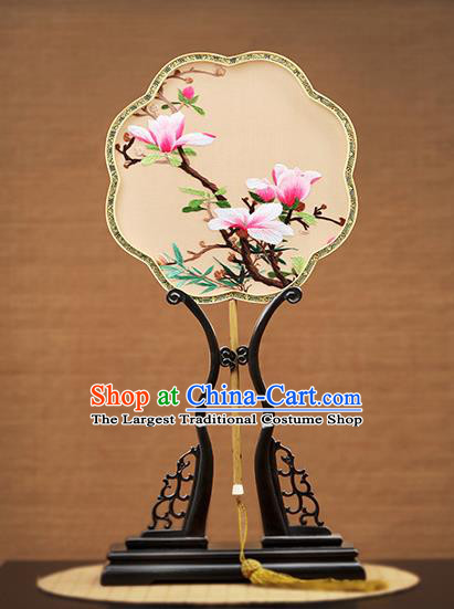 Handmade Chinese Embroidered Pink Mangnolia Apricot Silk Fans Traditional Classical Dance Palace Fan for Women