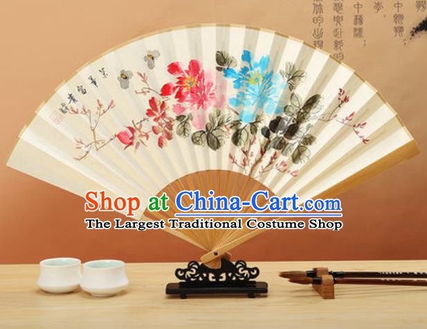 Chinese Hand Painting Peony Plum Flowers Paper Fan Traditional Classical Dance Accordion Fans Folding Fan