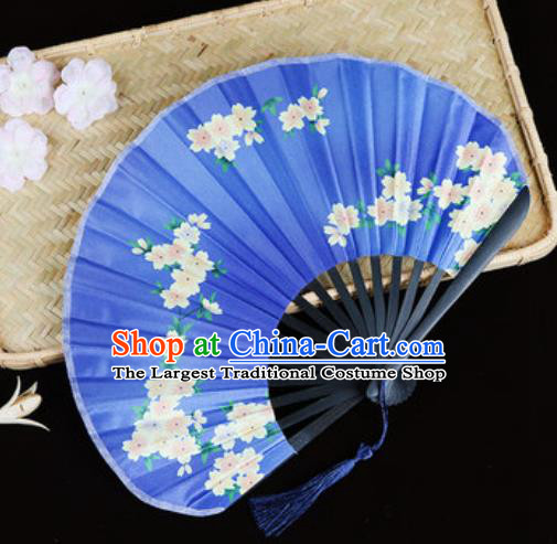 Handmade Chinese Printing Sakura Royalblue Satin Fan Traditional Classical Dance Accordion Fans Folding Fan