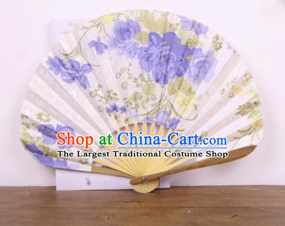 Handmade Chinese Printing Blue Flowers Satin Fan Traditional Classical Dance Accordion Fans Folding Fan