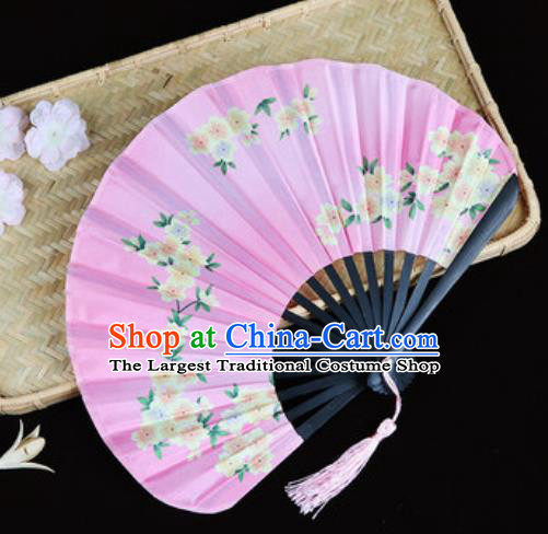 Handmade Chinese Printing Sakura Pink Satin Fan Traditional Classical Dance Accordion Fans Folding Fan