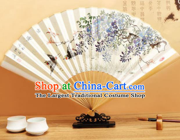 Chinese Hand Painting Wisteria Birds Paper Fan Traditional Classical Dance Accordion Fans Folding Fan