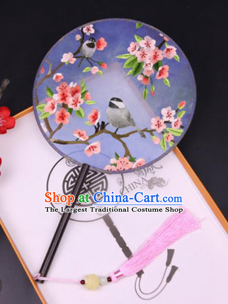 Handmade Chinese Embroidered Plum Blue Silk Fans Traditional Classical Dance Palace Fan for Women