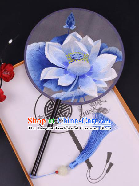 Handmade Chinese Embroidered Blue Lotus Silk Fans Traditional Classical Dance Palace Fan for Women