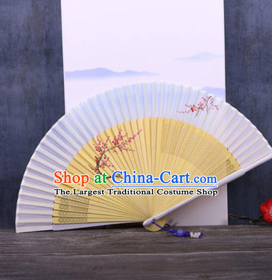 Chinese Traditional Hand Painting Plum Light Blue Silk Fan Classical Dance Accordion Fans Folding Fan