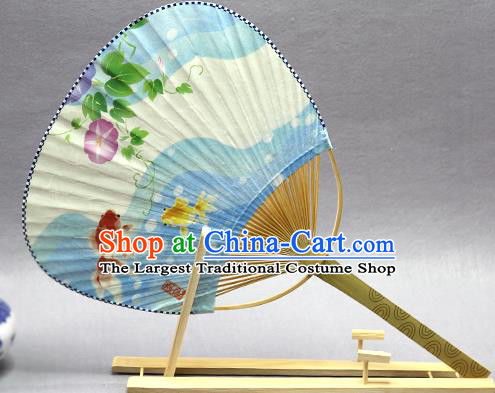 Handmade Chinese Printing Petunia Goldfish Blue Paper Fans Traditional Classical Dance Palace Fan for Women