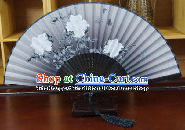 Handmade Chinese Printing Peony Grey Silk Fan Traditional Classical Dance Accordion Fans Folding Fan