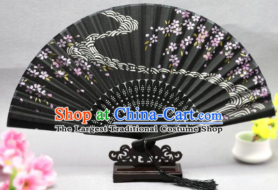 Handmade Chinese Printing Flow Sakura Black Fan Traditional Classical Dance Accordion Fans Folding Fan