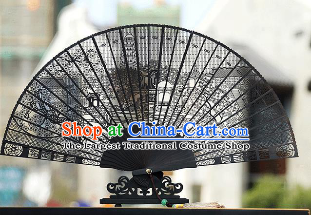 Handmade Chinese Carving Gusu Tiger Hill Ebony Fan Traditional Classical Dance Accordion Fans Folding Fan