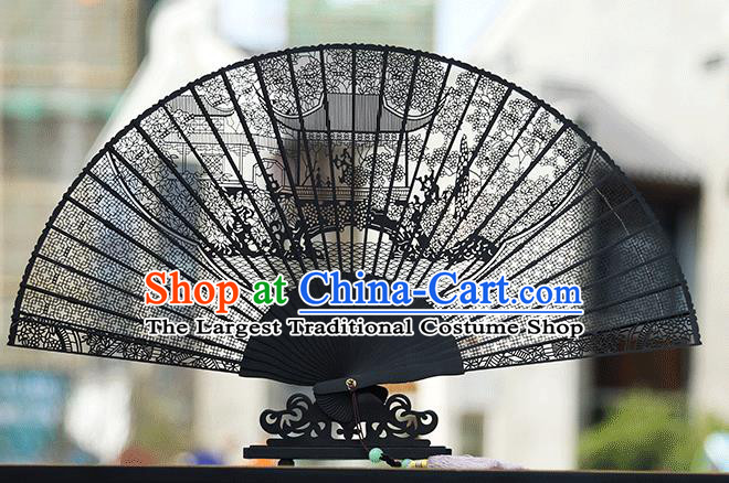 Handmade Chinese Carving Wangshi Garden Ebony Fan Traditional Classical Dance Accordion Fans Folding Fan