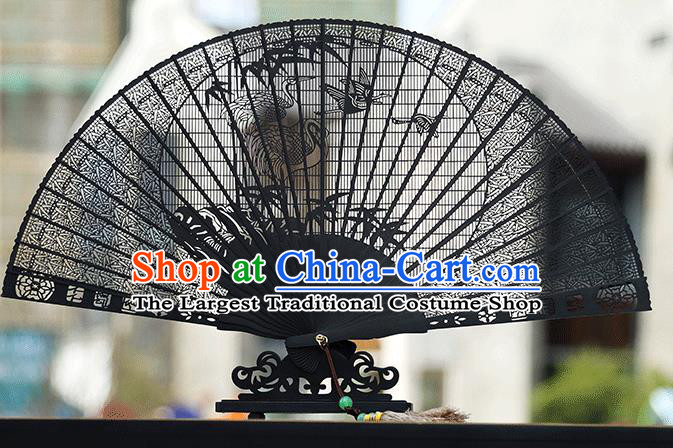 Handmade Chinese Carving Crane Bamboo Ebony Fan Traditional Classical Dance Accordion Fans Folding Fan