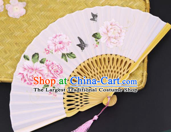 Handmade Chinese Printing Peony Light Pink Silk Fan Traditional Classical Dance Accordion Fans Folding Fan