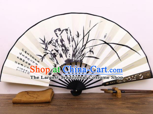 Handmade Chinese Ink Painting Orchids Carving Fan Traditional Classical Dance Accordion Fans Folding Fan